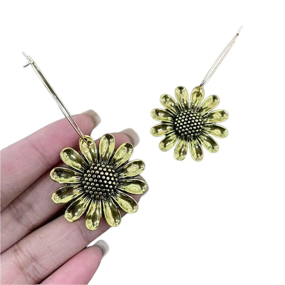 Boho Gold Sunflower Drop Hook Earrings - Picture 2 of 5